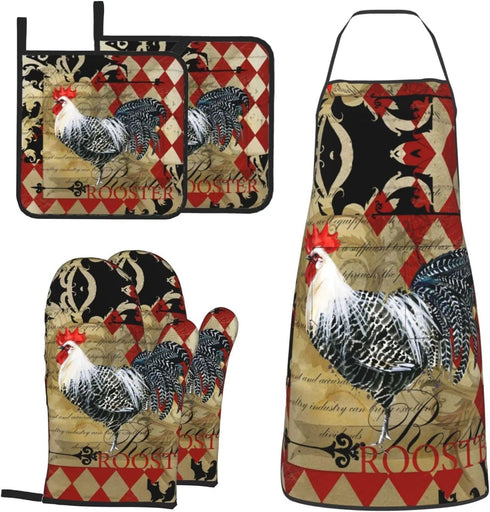 Rooster Print Oven Mitts and Pot Holders Sets with Apron 5Pcs Heat Resistant Rooster Kitchen Mitten Gloves and Non-Slip Potholders Apron Sets Oven...