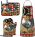 Rooster Print Oven Mitts and Pot Holders Sets with Apron 5Pcs Heat Resistant Rooster Kitchen Mitten Gloves and Non-Slip Potholders Apron Sets Oven...