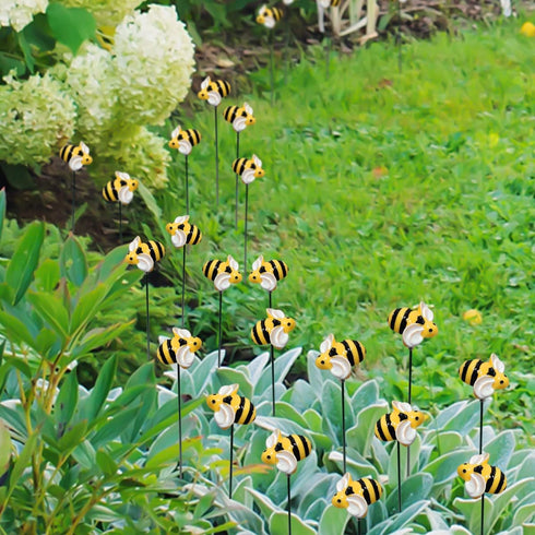 10Pcs Bee Garden Stakes Decor Metal Yard Art Ornaments Front Yard Art Stick Floral Picks Spring Summer Resin Bumble Bees Garden Stakes Outdoor Law...