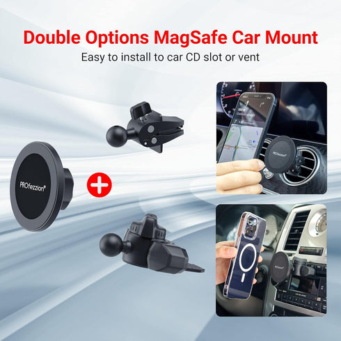 PROfezzion CD Slot & Vent Clip Combo Magnetic Phone Holder Compatible with MagSafe on Car CD Slot or Vent for iPhone 15 14 13 12 Pro Max Plus, Mag...