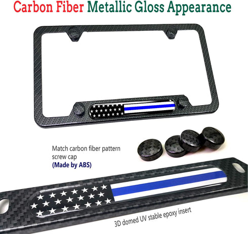 Police Thin Blue Line License Plate Frame- Patriotic Carbon Fiber Car Tag Holder, American Flag Black Aluminum Bracket with Screw, Cap Covers, Dec...