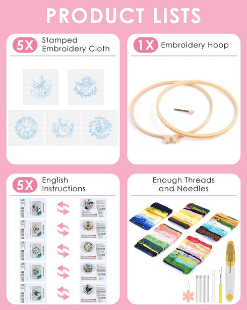 TINDTOP 5 Sets Embroidery Kit for Beginners Adult, Embroidery Kit for Beginners Include Embroidery Cloth Hoops Threads for Craft Lover Hand Stitch...