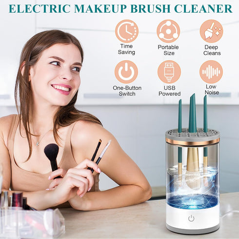 Makeup Brush Cleaner, 2024 Upgraded Cosmetic Brush Cleaner Machine Brush Blender - Automatic Spinning Makeup Brush Cleaner Fit for All Size Make u...