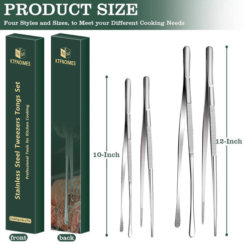 4 Pcs Kitchen Cooking tongs,12" & 10" Stainless Steel Kitchen tongs Set,Professional Food Tweezers for Cooking,Repairing,Seafood,BBQ...
