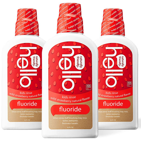 Hello Kids Wild Strawberry Natural Flavor Anticavity Fluoride Rinse - Vegan, Alcohol Free, and SLS Free Mouthwash for Children Age 2 and Up - 16 O...