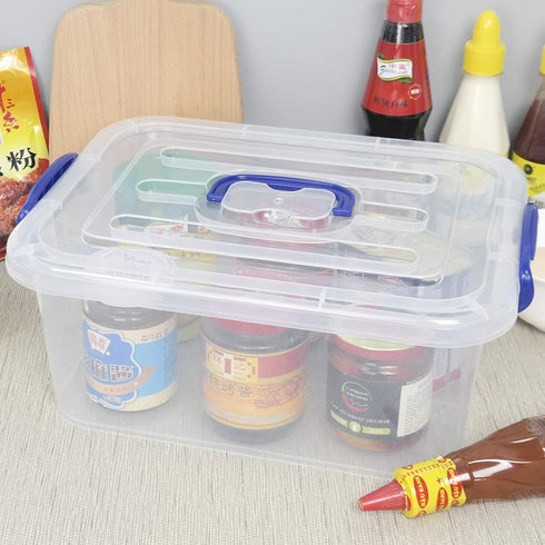 2 Packs Plastic Stackable Storage Boxes with Transparent Lid and Deep Blue Handle, Hold 8 Quart...