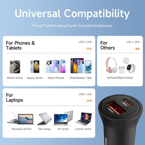 60W Car Charger USB C Fast Charge, Aluminum Dual Port Cigarette Lighter Adapter, Car Phone Charger for iPhone 15/14/13 Pro Max Plus, iPad, Samsung...