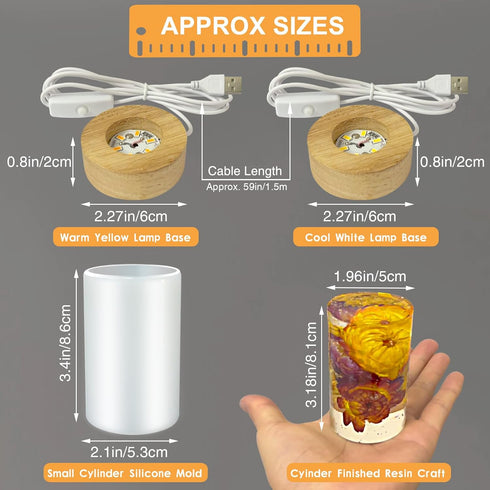 Cylinder Light Resin Mold,LED Silicone Resina Mould with 2 Pcs USB Powered Wooden Lighted Base Stand for DIY Table Crafts Party Wedding Desktop La...