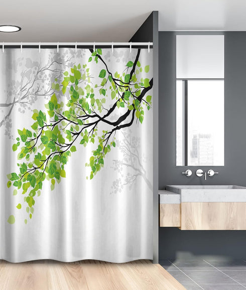 Ambesonne Nature Stall Shower Curtain, Twiggy Spring Tree Branch Refreshing Leaves Summer Peaceful Woodland Graphic, Fabric Bathroom Decor Set wit...