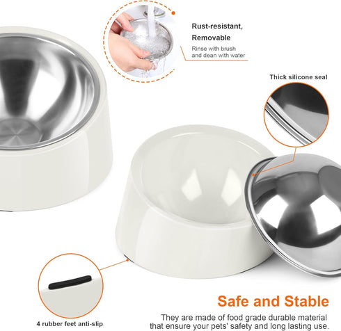 Tilted Angle Dog Bowl, 15° Slanted Stainless Steel Dog Cat Food Bowl, Non-Slip & Non-Spill Pet Feeder with Elevated Detachable Melamine Stand, Eas...