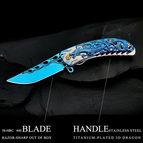 Pocket Knife for Men, Cool Folding Knife With 3D Blue Dragon Embossed Relief, Great Christmas Gift Edc Knife For Men Outdoor Survival Camping...