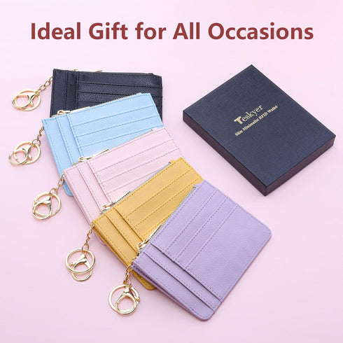 Teskyer Slim Wallet for Women, RFID Blocking Credit Card Holder Wallet with Zipper Pocket and Easy to Attach Keychain - Lichee Black...