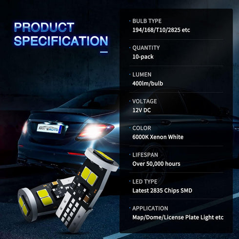 Marsauto 194 LED Bulbs T10 168 192 2825 W5W Replacement Bulbs for Interior Dome Map License Plate Lights Door Courtesy Trunk Lamp 480LM 6000K Xeno...