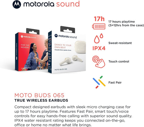 Motorola Moto Buds 065 - True Wireless, Ear Buds, Noise Isolation and 17 Hours Playtime, Touch Control on Both Earbuds, IPX4 Water Resistant, ENC ...