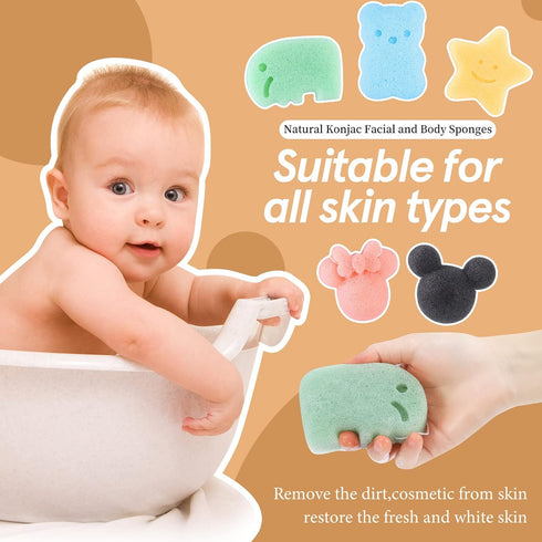 Konjac Baby Bath Sponge for Bathing, Classic Shapes Natural Bath Sponges for Infants, Toddler, Newborns, Natural and Safe Plant-Based Konjac Baby ...