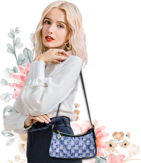 Faux Leather Mini Denim Printed Hobo Purse, Jean Pattern Casual Bag for Women, Lightweight Retro Shoulder Handbag...