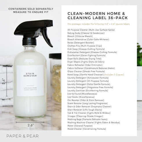 Clean-Modern White Bathroom Labels, Laundry Labels & Cleaning Labels by Paper & Pear - Waterproof Labels for Bottles - 2.6” Square Bathroom Labels...