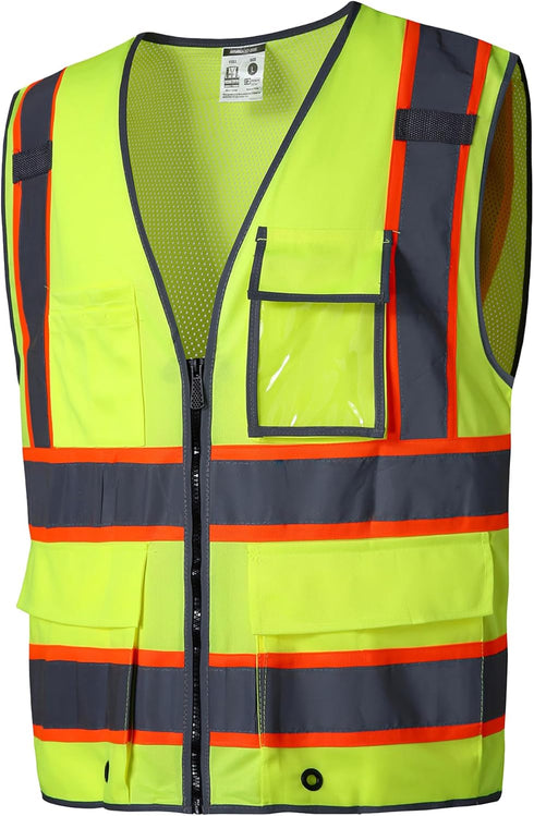 SKSAFETY 10 Pockets Safety Vest, Class 2 High Visibility Security with Zipper Back Mesh, Hi Vis Vest with Reflective Strips, ANSI/ISEA Standard, C...