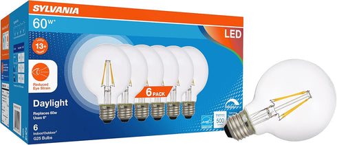 Sylvania Reduced Eye Strain G25 Globe LED Light Bulb, 60W = 6W, 13 Year, Dimmable, Clear, 5000K, Daylight - 6 Pack (41244)...