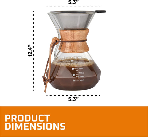 Bruntmor Pour Over Coffee Maker Dripper - Coffee Pot with Double-Layer Stainless Steel Coffee Filter - Portable Coffee Maker - Heat-Resistant Glas...