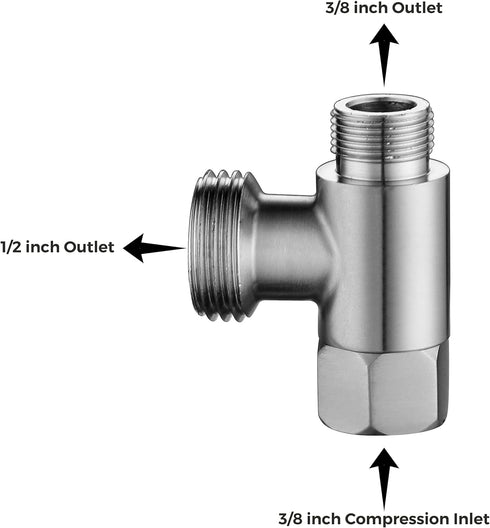3/8 x 1/2 Adapter T Connector Valve, ADD-A-Tee Adapter 3 Way Valve 3/8 Tee Compression, Stainless Steel Splitting Water Supply T Pipe Fitting for ...