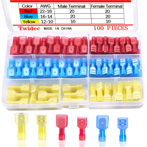 Twidec/100PCS Nylon Spade Connectors Kit 22-10 Gauge Male and Female Wire Spade Terminal Quick Disconnect Fully Insulated Wire Crimp Connector for...