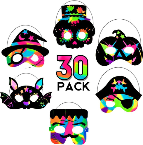OuMuaMua 30PCS Halloween Rainbow Scratch Mask Art Craft Kit, Bat Witch Pumpkin Zombie Pirate Skull Scratch Paper Art Mask for Halloween Party Craf...
