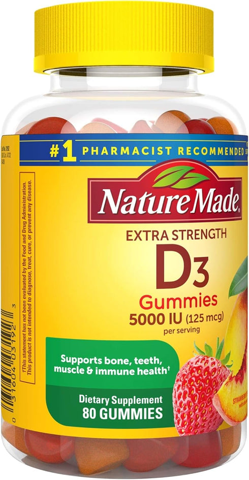 Nature Made Extra Strength Vitamin D3 5000 IU (125 mcg) per serving, Dietary Supplement for Bone, Teeth, Muscle and Immune Health Support, 80 Gumm...