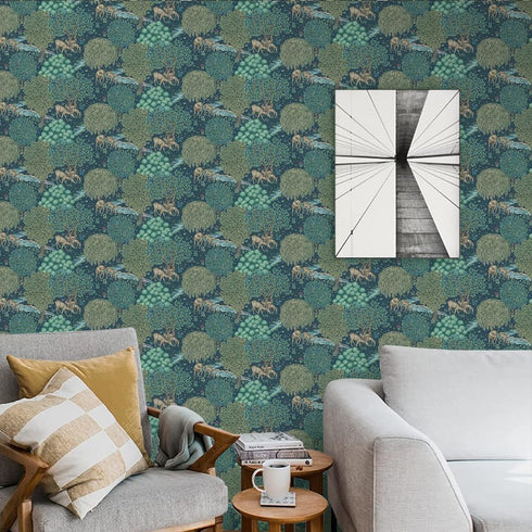 Green Forests Peel and Stick Wallpaper Deer Floral Contact Paper Removable Waterproof Wallpaper Self-Adhesive Wallpaper Decorative Wallpaper for B...