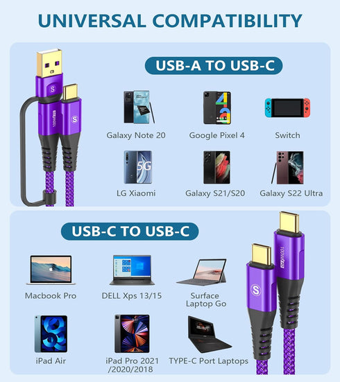 sweguard USB Type C Charger Cable 6.6ft iPhone 15 Charger 2-in-1 USB C to USB C Cable Nylon Braid for iPhone 15 pro max MacBook iPad Pro/Air Samsu...