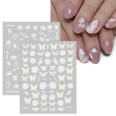 JMEOWIO 12 Sheets Spring White Flower Nail Art Stickers Decals Self-Adhesive Pegatinas Uñas Summer Butterfly Leaf Floral Nail Supplies Nail Art De...