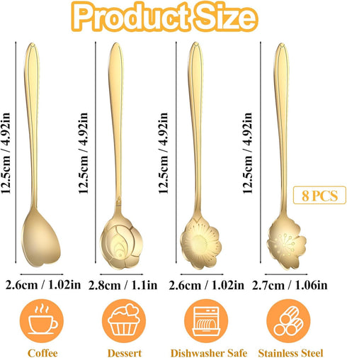 8 Pcs Flower Dessert Spoons, Coffee Teaspoon Set Stainless Steel Tableware Sugar Spoon Small Tea Spoons Cafe Bar Spoon Cute Coffee Teaspoon Mini T...