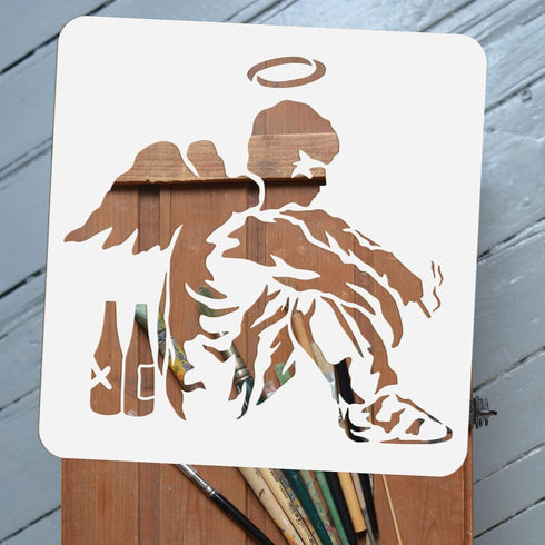 FINGERINSPIRE Banksy Fallen Angel Stencil 11.8x11.8inch Reusable Fallen Angel with Wine Bottles Pattern Painting Template DIY Art Banksy Theme Ste...
