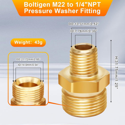 Boltigen M22 x 1/4NPT Pressure Washer Adapter, 2PCS M22 to 1/4 NPT Pressure Washer Coupler, 1/4" Male to M22 Male Adapter, M22 Pressure Washer Hos...