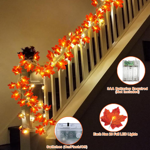 4 Pack Fall Decor Fall Garland with Lights Fall Decorations for Home, Total 40Ft 80LED Enlarged Maples Leaves Fall Lights Battery Operated Autumu ...