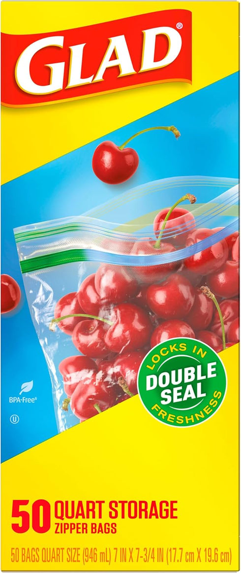 Glad Zipper Food Storage Plastic Bags - Quart - 50 Count (Packaging May Vary)...