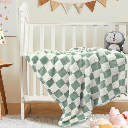 HOMRITAR Checkered Baby Blanket for Boys Sage Green Soft Fluffy Fuzzy Blankets with 3D Chessboard Grid, Warmer Comfort Reversible Lightweight Bed ...