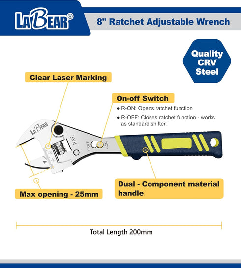 LABEAR- 8 Inch long x 1inch(25mm) Adjustable Ratchet Wrench...