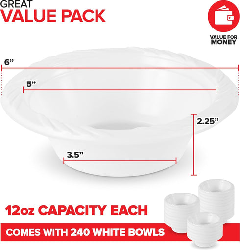Stock Your Home (240 Pack) 12 oz Elegant White Plastic Bowls for Parties Small Disposable Bowl for Fancy Dinner or Cocktail Party, Soup and Salad,...