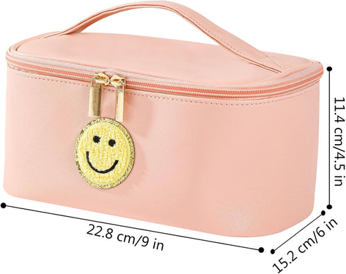 Preppy Patch Makeup Bag Leather Cosmetic Bag Large Makeup Pouch, Portable Waterproof Travel Toiletry Organizer,Cute Preppy Makeup Bag for Women Gi...