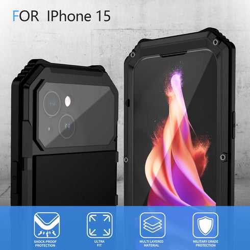 for iPhone 15 Case Heavy Duty Protection with Built in Lens Screen Protector Rugged Stand 360 Full Body Military Grade Metal Bumper Phone Cases Me...