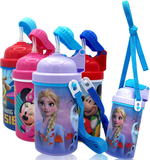 Disney Frozen Deluxe Carrying Strap One Touch Water Bottles with Reusable Built in Straw (Snow Canteen 16.9oz)...