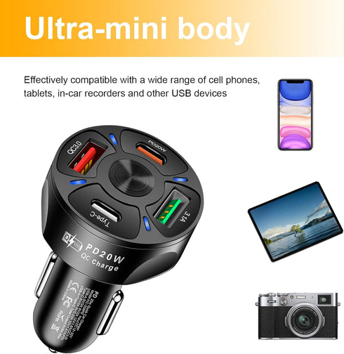 4 Ports Car Fast Charging Charger Cigarette Lighter Adapter, Super Fast Auto Charging Cigarette Lighter Plug with QC 3.0, PD 20W, Type C, 3.1 A, V...