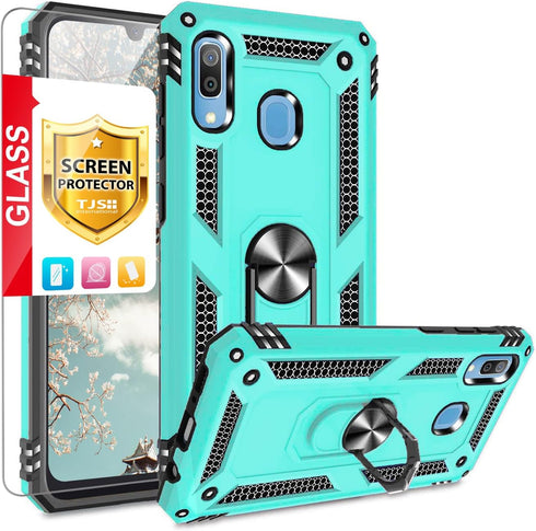 TJS Compatible with Samsung Galaxy A20 Case, Galaxy A30 Case, with Tempered Glass Screen Protector Metal Ring Magnetic Support Kickstand Heavy Dut...