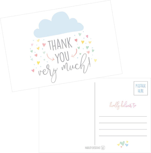 Hadley Designs 50 4x6 Rain Clouds Blank Thank You Postcards Bulk, Cute Baby Shower Sprinkle Rainbow Showered With Love Thank You Note Card For Wed...