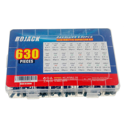 BOJACK 24Value 630pcs Aluminum Electrolytic Capacitor Assortment Box Kit Range 0.1uF?1000uF...