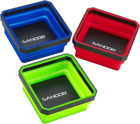 Collapsible Magnetic Parts Tray Set - (Pack of 3) Tool Trays for Screw, Bolts, Nuts, Washers, Pins and Other Small Metal Parts - 4.25 Inch Square ...