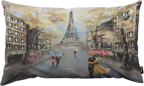 Paris Pillow Cover 12x20 inch Oil Painting Autumn Lovers Kiss on Rainy France Street Eiffel Tower Pillows Decorative Throw Pillows Farmhouse Decor...