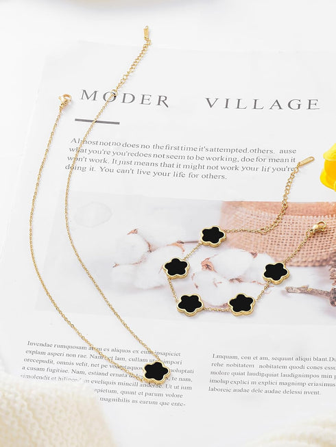 Four Leaf Clover Necklace and Bracelet Set for Women Lucky Flower 14K Gold Jewelry...