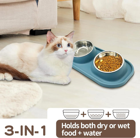 BNOSDM Double Dog Bowl Tilted Raised Stainless Steel Dog Bowls with Plastic Mat, Cat Basic Food and Water Bowl Set for Small Dog Pet Kitten Puppy...